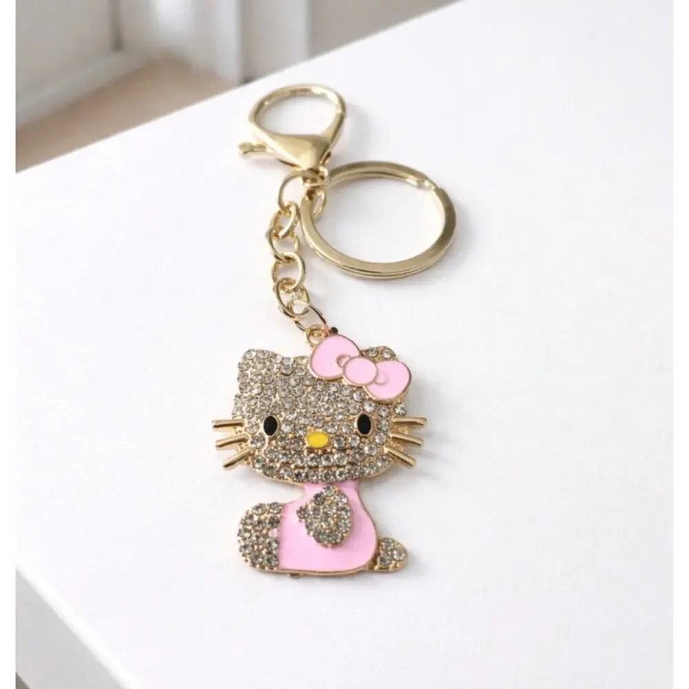 Hello Kittty Gold Rhinestone Pink Bag Charm Key Chain New